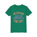 Green eco-friendly cat t-shirt by Printify with All Friends Must Be Approved by The Cat text design