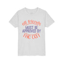 Printify eco-friendly cat t-shirt in gray with All friends must be approved by the cat design