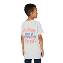 Printify eco-friendly cat t-shirt worn by child with friend approval cat text on back