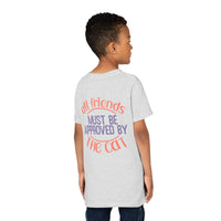 Printify eco-friendly cat t-shirt worn by child with friend approval cat text on back