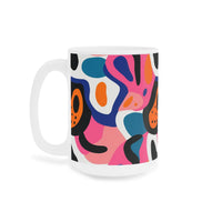 Printify eco-friendly ceramic mugs with colorful abstract floral design and sturdy handle
