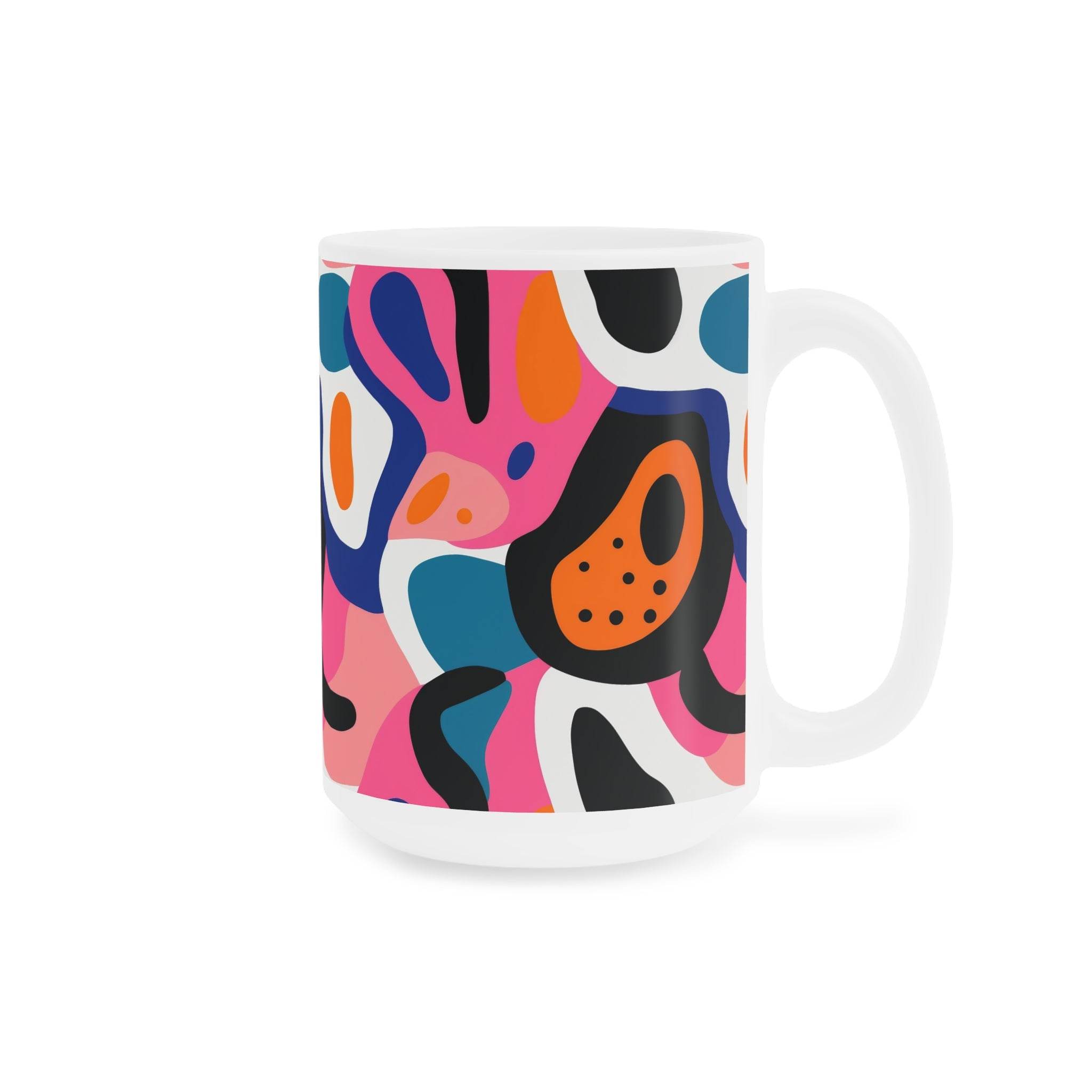Printify eco-friendly ceramic mugs with colorful abstract pattern in pink, blue, orange, and black