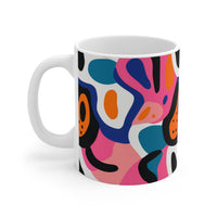 Printify eco-friendly ceramic mugs with colorful abstract floral design and white handle