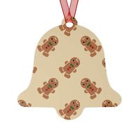 Bell-shaped eco-friendly Christmas ornaments with gingerbread man pattern and red ribbon by Printify