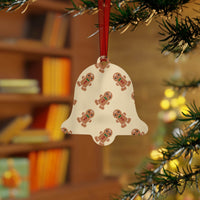 Eco-friendly Christmas ornaments bell shaped with gingerbread man print hanging on tree with red ribbon