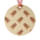 Round eco-friendly Christmas ornaments with gingerbread man pattern and red ribbon by Printify