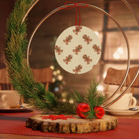 Printify eco-friendly Christmas ornaments featuring gingerbread design hanging on decorative pine wreath