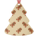Printify eco-friendly Christmas ornaments shaped like a Christmas tree with gingerbread man pattern and red ribbon