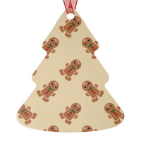 Printify eco-friendly Christmas ornaments shaped like a Christmas tree with gingerbread man pattern and red ribbon