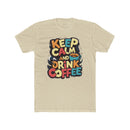 Printify eco-friendly coffee t-shirt with Keep Calm and Drink Coffee colorful graphic on beige fabric