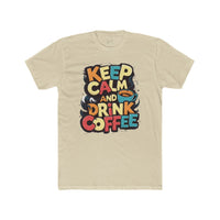 Printify eco-friendly coffee t-shirt with Keep Calm and Drink Coffee colorful graphic on beige fabric