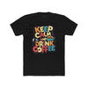 Black eco-friendly coffee t-shirt from Printify with colorful Keep Calm and Drink Coffee design