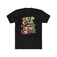 Black eco-friendly coffee t-shirt from Printify with colorful Keep Calm and Drink Coffee design