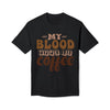 Printify black eco-friendly coffee t-shirt with My Blood Type Is Coffee text design