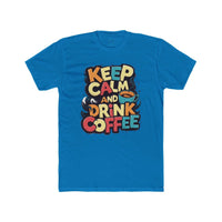 Printify blue eco-friendly coffee t-shirt with colorful Keep Calm and Drink Coffee design