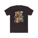 Printify black eco-friendly coffee t-shirt with colorful Keep Calm and Drink Coffee design