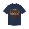 Printify eco-friendly coffee t-shirt in navy with my blood type is coffee graphic design