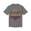 Printify eco-friendly coffee t-shirt in gray with My Blood Type Is Coffee text design
