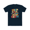 Printify eco-friendly coffee t-shirt with Keep Calm and Drink Coffee colorful design on black tee