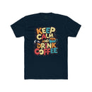 Printify eco-friendly coffee t-shirt with Keep Calm and Drink Coffee colorful design on black tee