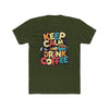 Printify eco-friendly coffee t-shirt with Keep Calm and Drink Coffee colorful graphic on olive green fabric