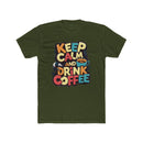 Printify eco-friendly coffee t-shirt with Keep Calm and Drink Coffee colorful graphic on olive green fabric