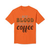 Orange eco-friendly coffee t-shirt with My Blood Type is Coffee text printed on front