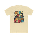 Printify eco-friendly coffee t-shirt with Keep Calm and Drink Coffee colorful graphic design
