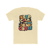 Printify eco-friendly coffee t-shirt with Keep Calm and Drink Coffee colorful graphic design