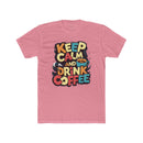 Pink Printify eco-friendly coffee t-shirt with colorful Keep Calm and Drink Coffee design
