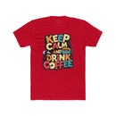 Red Printify eco-friendly coffee t-shirt with Keep Calm and Drink Coffee graphic design