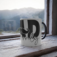 Printify eco-friendly color changing mug with black mustache and handle on a wooden windowsill