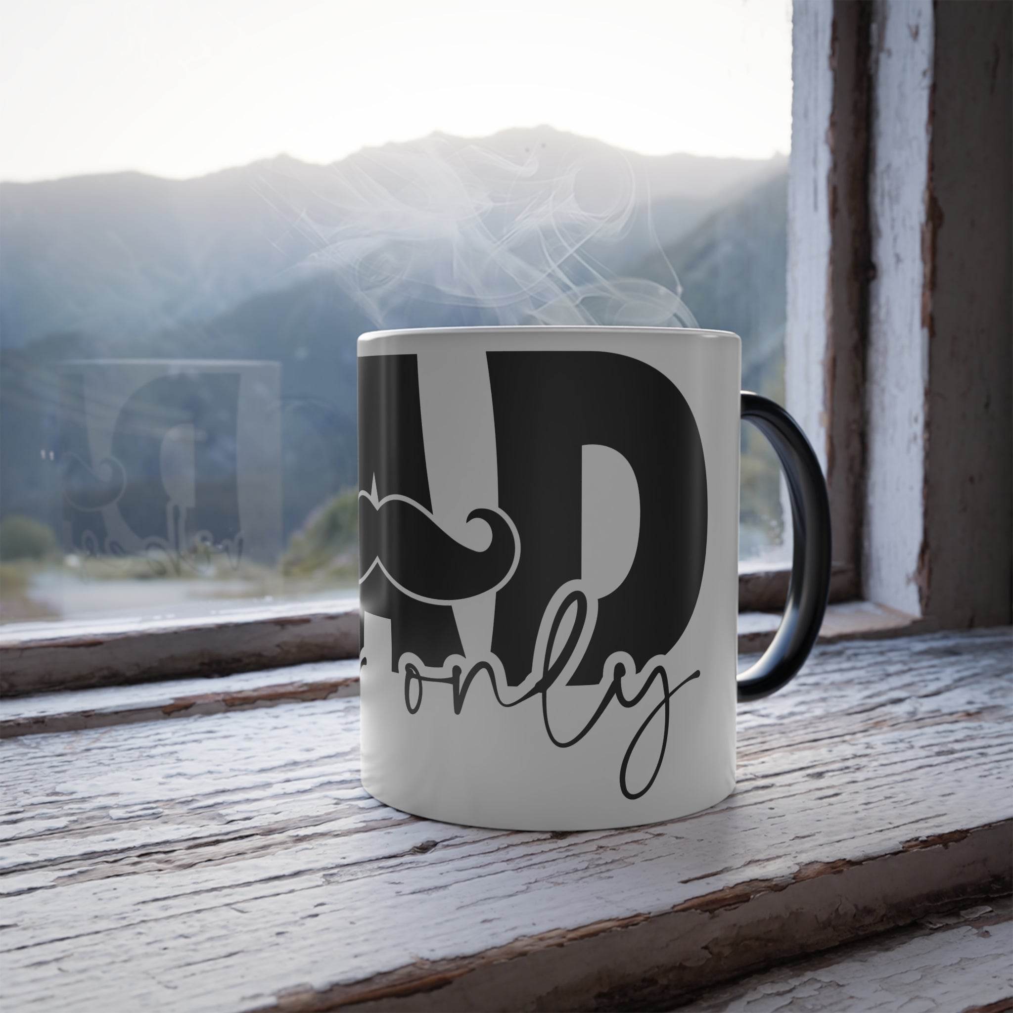 Printify eco-friendly color changing mug with black mustache and handle on a wooden windowsill