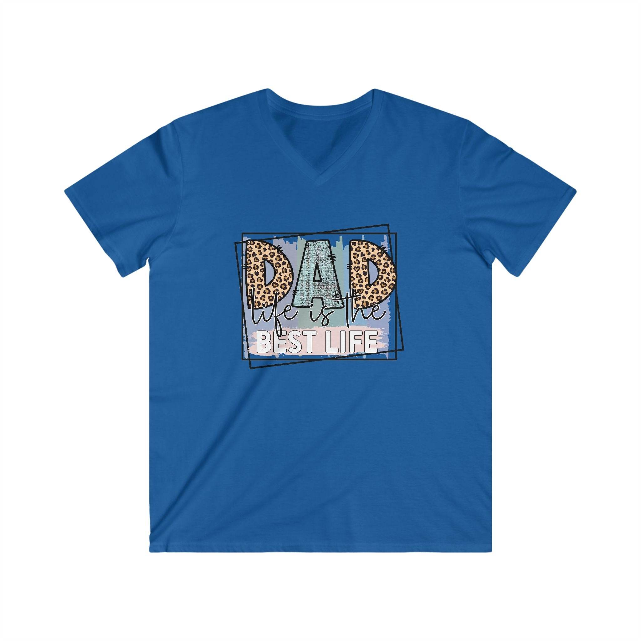 Printify eco-friendly dad t-shirt in blue with dad we live best life graphic design