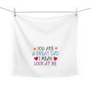 Printify eco-friendly dad tea towel with colorful You Are A Great Dad message and heart graphics