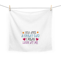 Printify eco-friendly dad tea towel with colorful You Are A Great Dad message and heart graphics