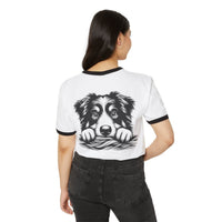 Printify eco-friendly dog graphic t-shirt in white with black ringer details worn by woman