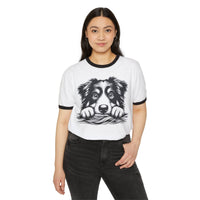 Printify eco-friendly dog graphic t-shirt with black ringer collar and sleeves worn by woman