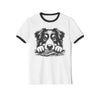 Printify white eco-friendly dog graphic t-shirt with black collar and sleeve trim featuring a detailed black and white dog's face