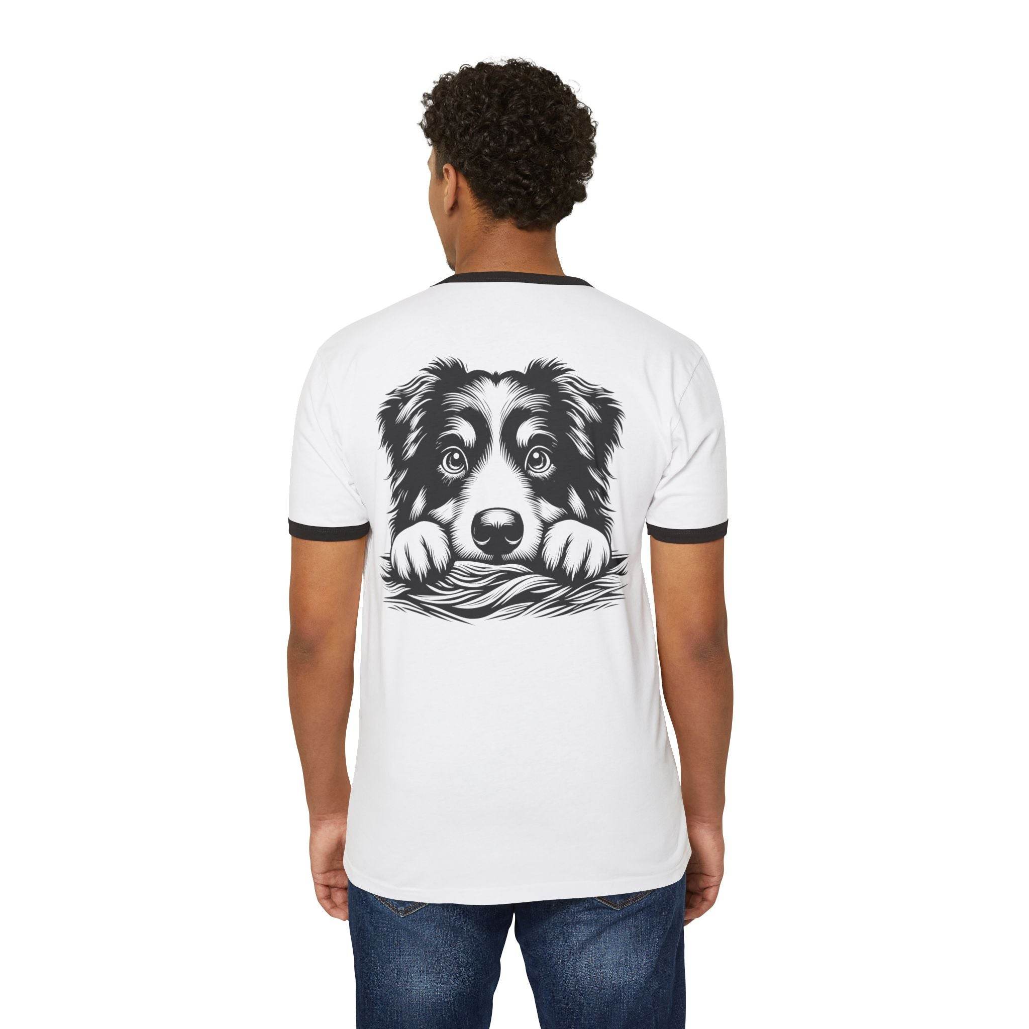 Printify eco-friendly dog graphic t-shirt featuring a black and white dog illustration on the back