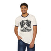 Printify eco-friendly dog graphic t-shirt with black and white dog illustration worn by man