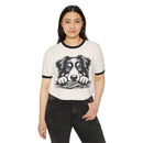 Printify eco-friendly dog graphic t-shirt with black and white dog illustration worn by woman
