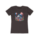 Eco-friendly dog graphic t-shirt women with patriotic dog wearing stars and stripes hat