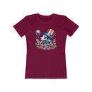 Printify eco-friendly dog graphic t-shirt women in maroon with patriotic dog wearing American flag hat