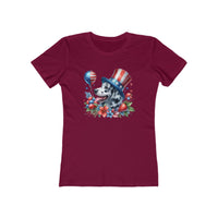 Printify eco-friendly dog graphic t-shirt women in maroon with patriotic dog wearing American flag hat
