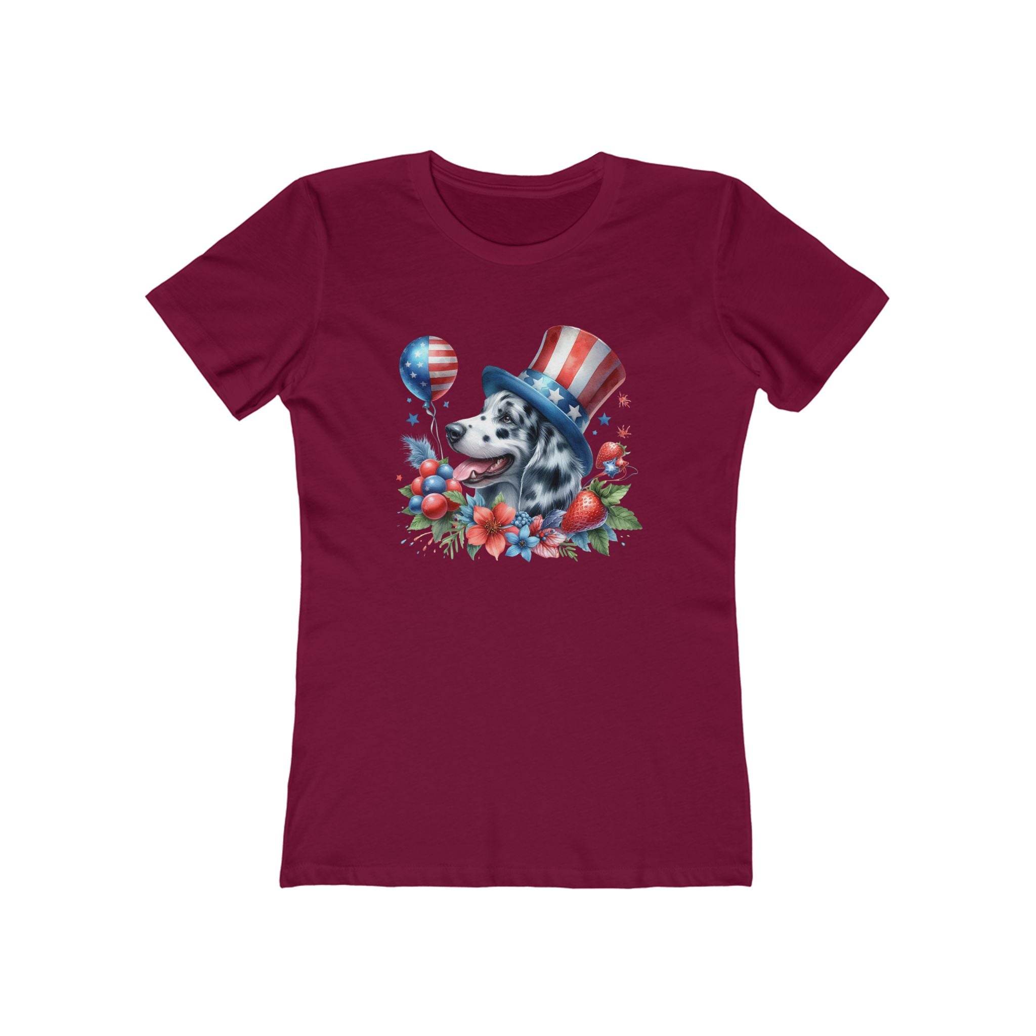Printify eco-friendly dog graphic t-shirt women in maroon with patriotic dog wearing American flag hat