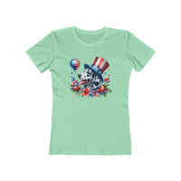 Printify eco-friendly dog graphic t-shirt women in light green with patriotic dog wearing a red white blue hat