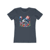 Eco-friendly dog graphic t-shirt women with patriotic dog wearing stars and stripes hat on navy