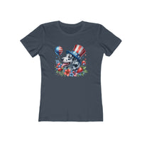 Eco-friendly dog graphic t-shirt women with patriotic dog wearing stars and stripes hat on navy