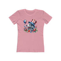 Pink eco-friendly dog graphic t-shirt women featuring patriotic dog with flag hat and floral design
